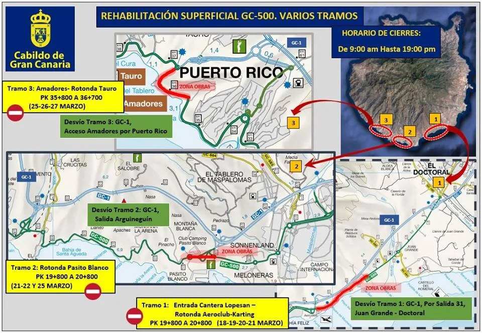 Road closures due resurfacing of three sections of GC500 in SBT and Mogán