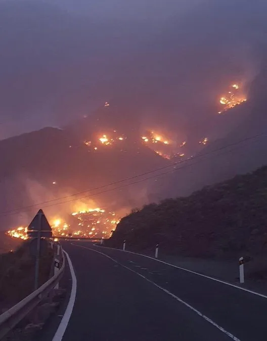 Firefighters face long windy night on west of Gran Canaria as blaze burns on two fronts