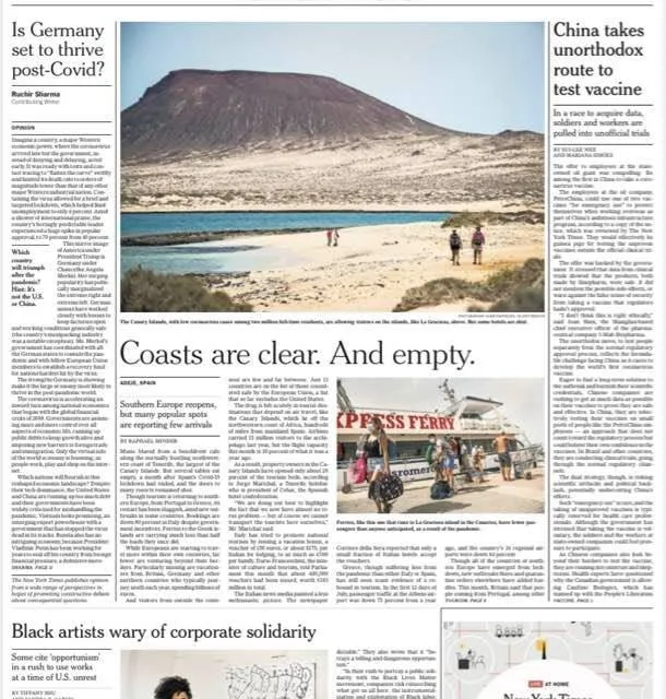 Canary Islands on The New York Times front page: Southern Europe Opens Its Doors to Tourists. Not Many Are Coming. –