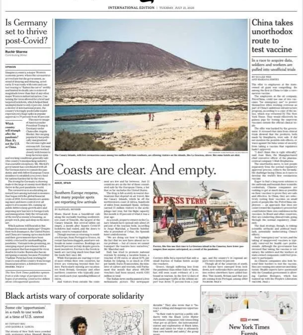Canary Islands on The New York Times front page: Southern Europe Opens Its Doors to Tourists. Not Many Are Coming. –