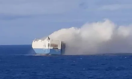 The Crew of a Cargo ship have had to be evacuated after a fire aboard the vessel carrying high end automobiles to America