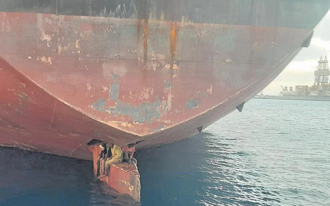 Three stowaways found on the rudder of an oil tanker after it docked in Las Palmas on Monday
