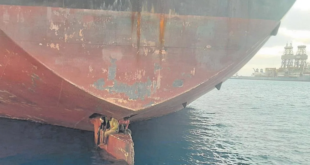 Three stowaways found on the rudder of an oil tanker after it docked in Las Palmas on Monday