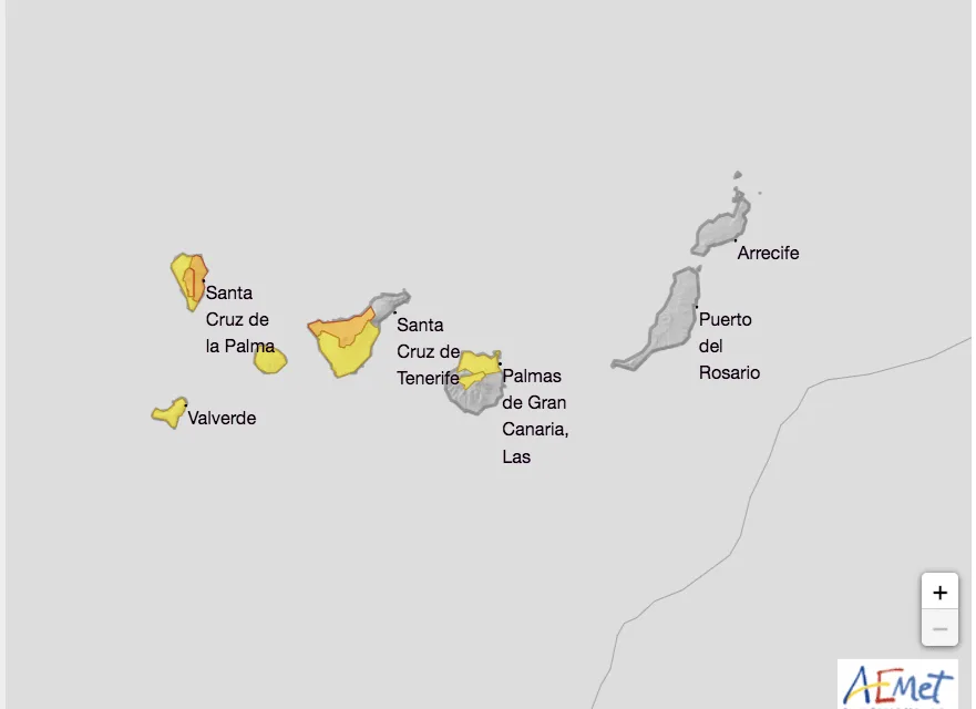 Winds of up to 90 km/h from the northwest and heavy rain: AEMET activates Yellow and Orange warnings for the Canary Islands this weekend