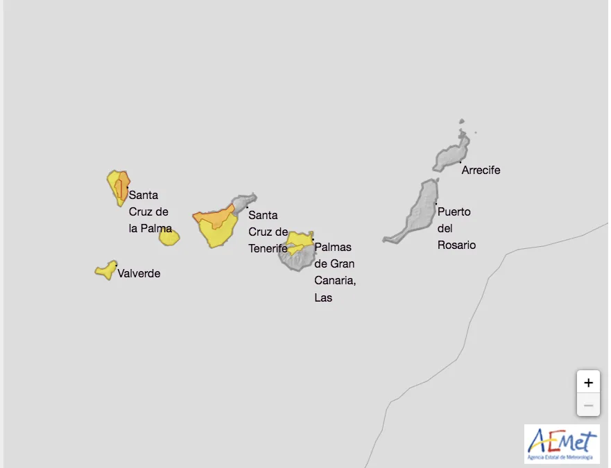 Winds of up to 90 km/h from the northwest and heavy rain: AEMET activates Yellow and Orange warnings for the Canary Islands this weekend